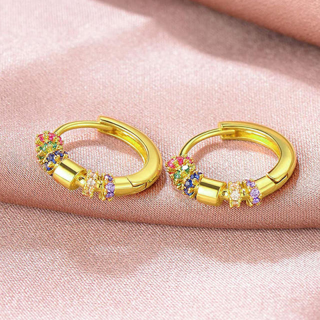 Delicate rainbow cubic zircon gold plated copper huggie earrings