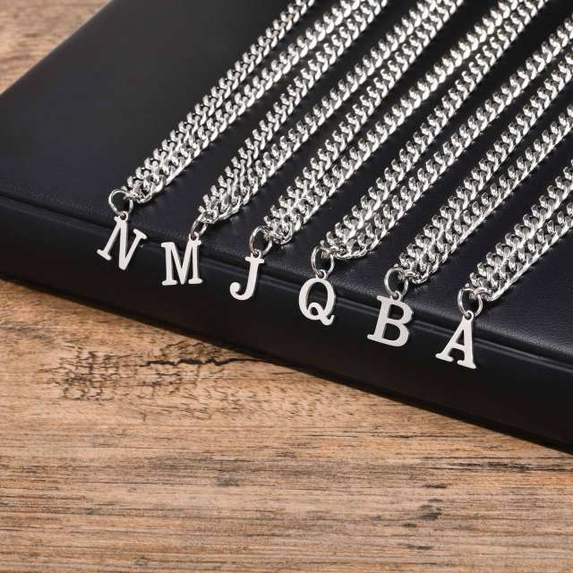 Initial letter charm cuban link chain stainless steel necklace for men