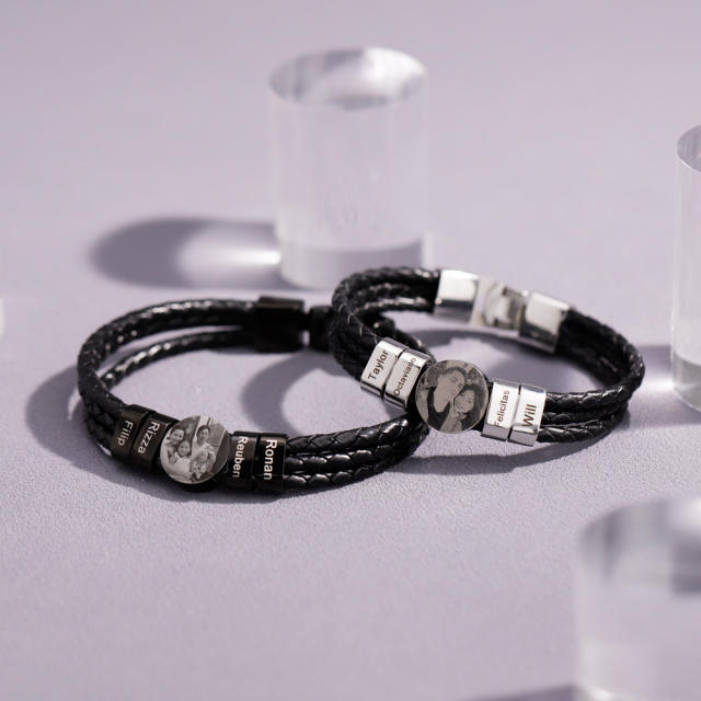 Creative braid PU leather engrave letter pic bracelet for men