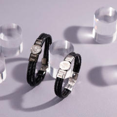 Creative braid PU leather engrave letter pic bracelet for men