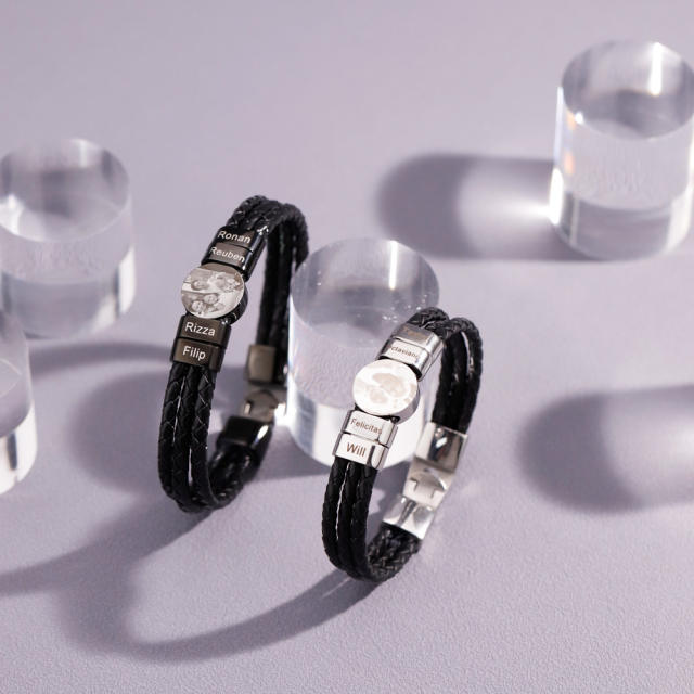 Creative braid PU leather engrave letter pic bracelet for men