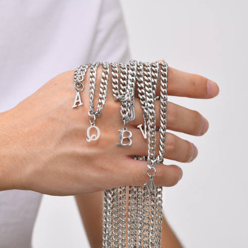 Initial letter charm cuban link chain stainless steel necklace for men