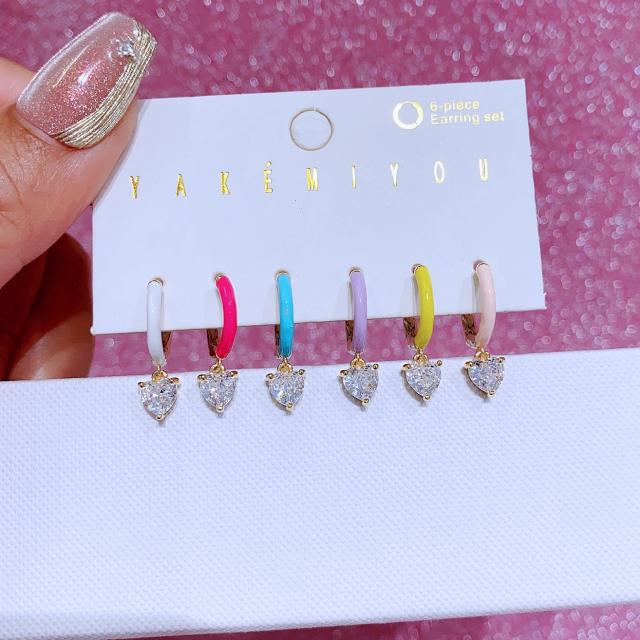 6pcs summer color enamel diamond heart gold plated copper huggie earrings set