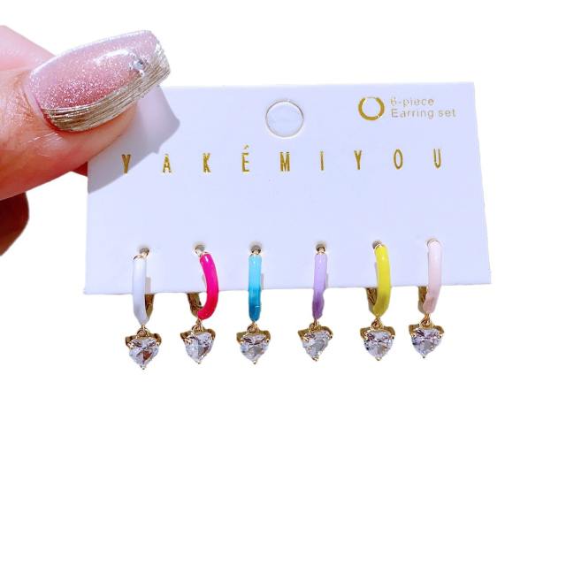 6pcs summer color enamel diamond heart gold plated copper huggie earrings set