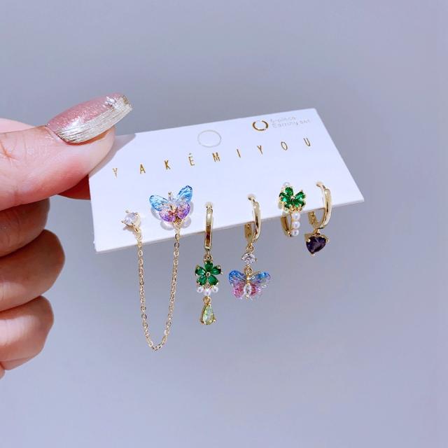 6pcs sweet butterfly flower gold plated copper huggie earring set