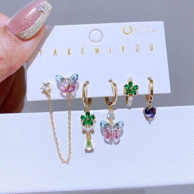 6pcs sweet butterfly flower gold plated copper huggie earring set