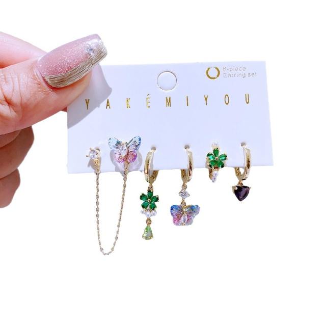 6pcs sweet butterfly flower gold plated copper huggie earring set