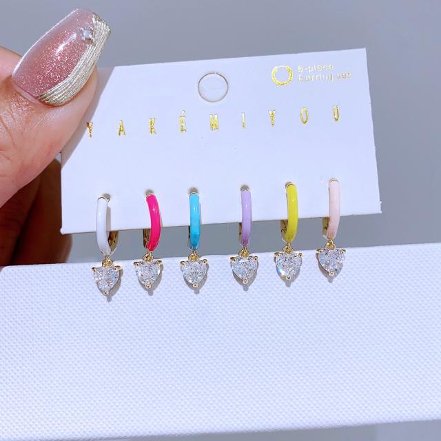 6pcs summer color enamel diamond heart gold plated copper huggie earrings set