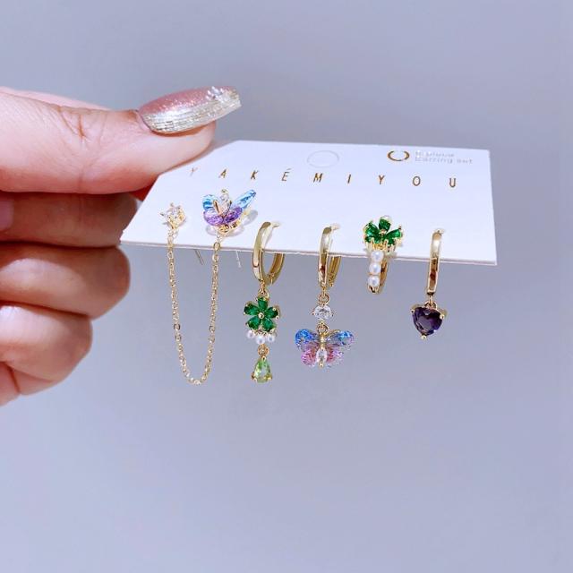 6pcs sweet butterfly flower gold plated copper huggie earring set