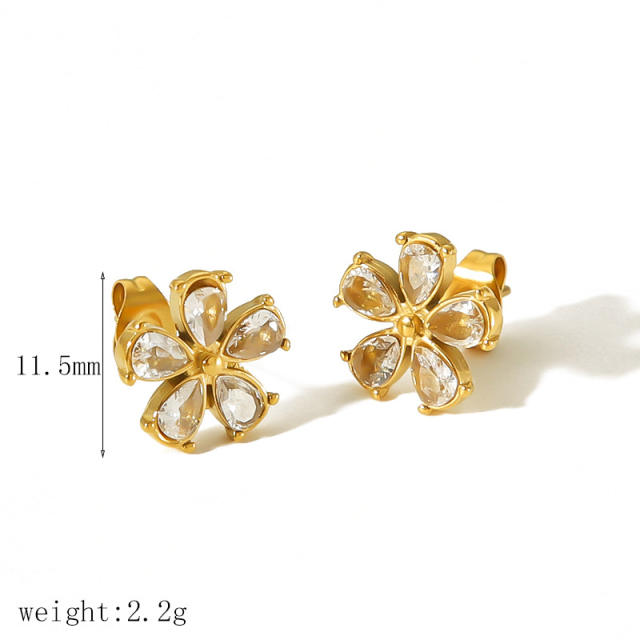 18KG sweet diamond flower stainless steel studs earrings