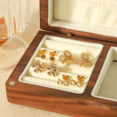18KG sweet diamond flower stainless steel studs earrings