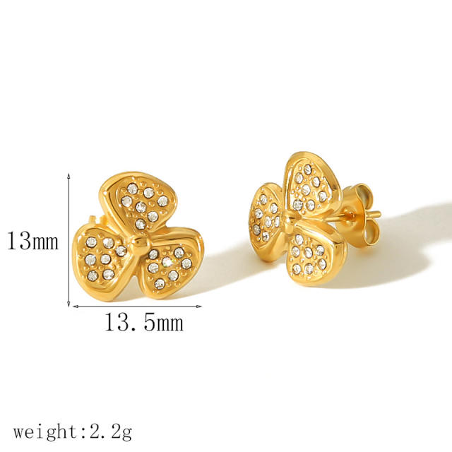18KG sweet diamond flower stainless steel studs earrings