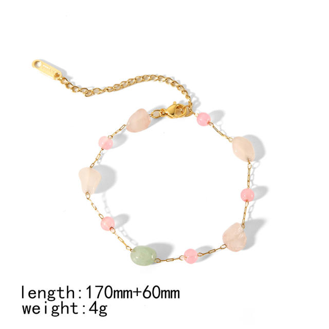 18KG sweet pink natural stone stainless steel necklace bracelet set