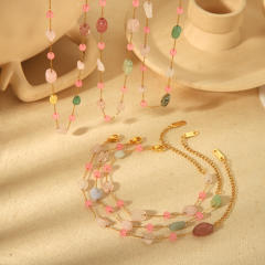 18KG sweet pink natural stone stainless steel necklace bracelet set