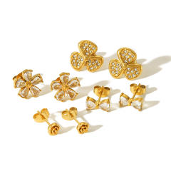 18KG sweet diamond flower stainless steel studs earrings