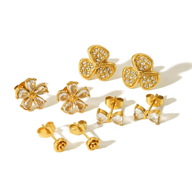 18KG sweet diamond flower stainless steel studs earrings