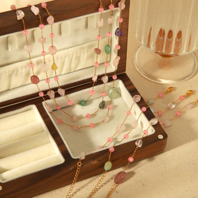18KG sweet pink natural stone stainless steel necklace bracelet set