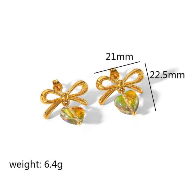 18KG sweet bow heart crystal stainless steel earrings