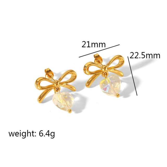 18KG sweet bow heart crystal stainless steel earrings