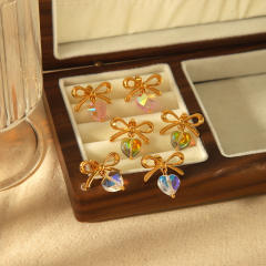 18KG sweet bow heart crystal stainless steel earrings