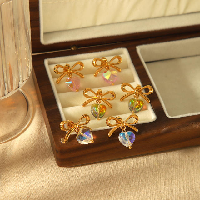 18KG sweet bow heart crystal stainless steel earrings