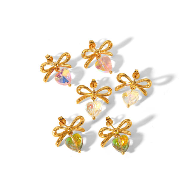 18KG sweet bow heart crystal stainless steel earrings