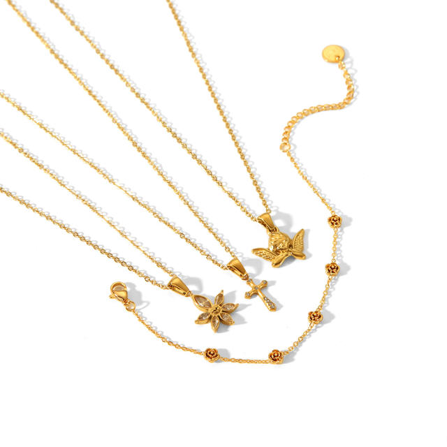 18KG dainty cross flower angel pendant stainless steel necklace