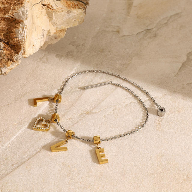 Delicate mix color love letter charm stainless steel necklace bracelet set