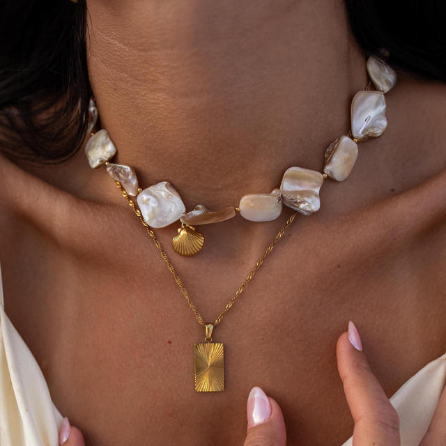 Holiday beach trend irregular shape pearl stainless steel shell pendant choker necklace