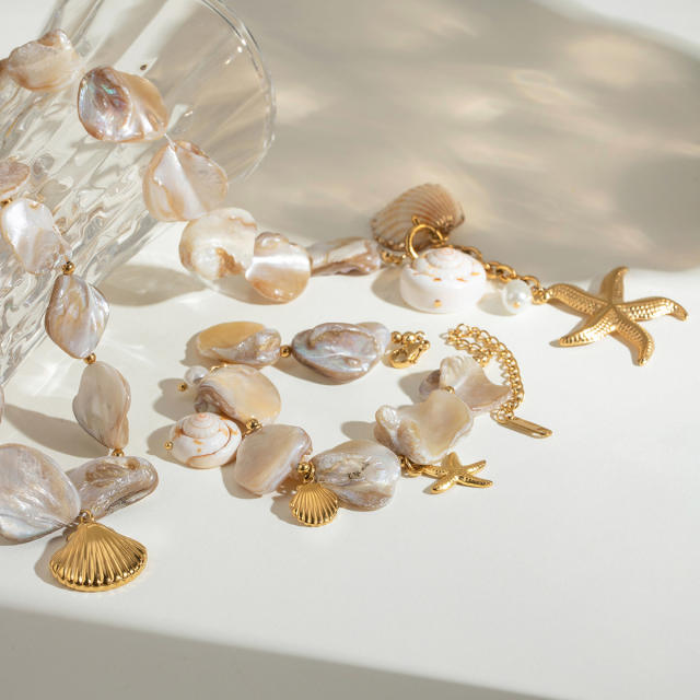 18KG Holiday beach trend stainless steel starfish shell charm choker necklace bracelet set