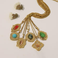 Vintage natural stone pendant dainty stainless steel necklace