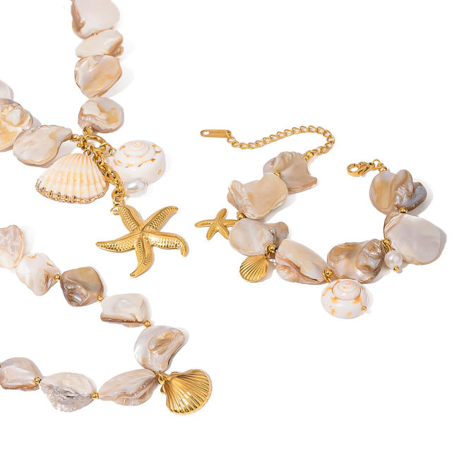 18KG Holiday beach trend stainless steel starfish shell charm choker necklace bracelet set