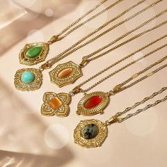 Vintage natural stone pendant dainty stainless steel necklace