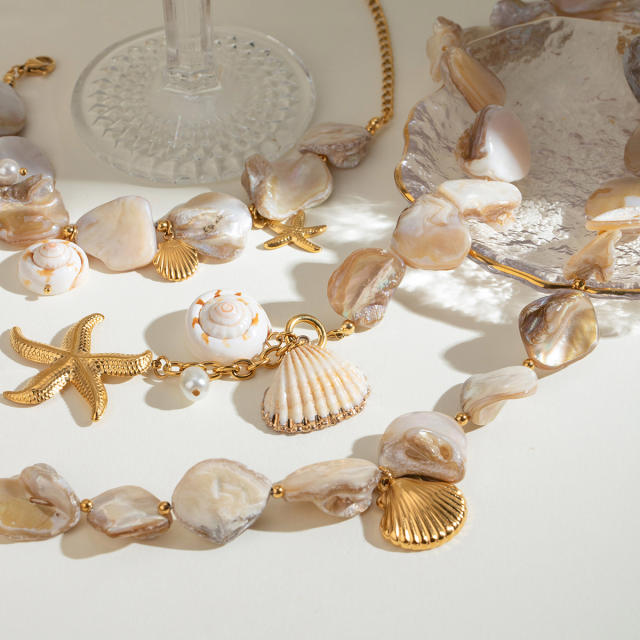18KG Holiday beach trend stainless steel starfish shell charm choker necklace bracelet set