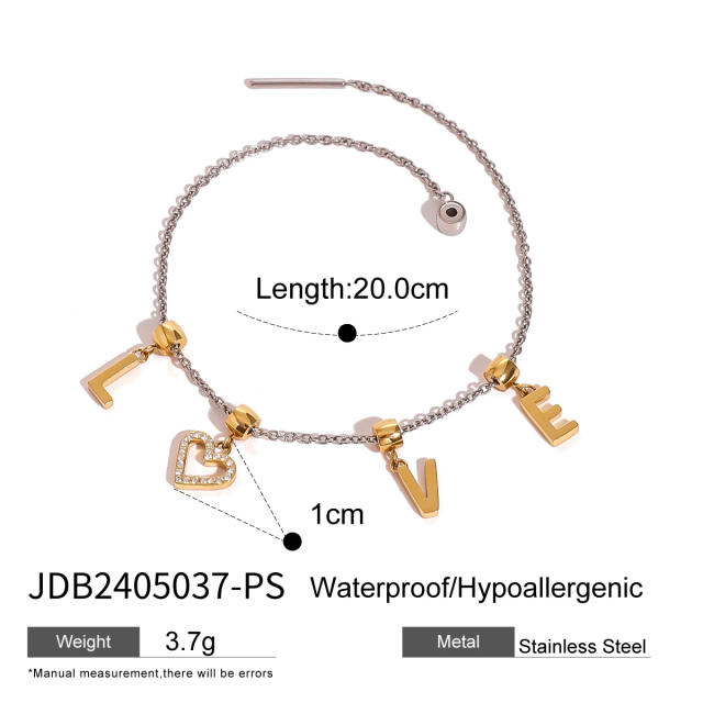Delicate mix color love letter charm stainless steel necklace bracelet set