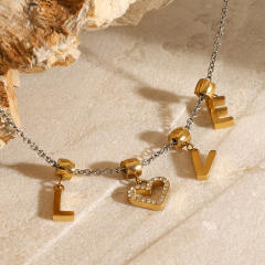 Delicate mix color love letter charm stainless steel necklace bracelet set