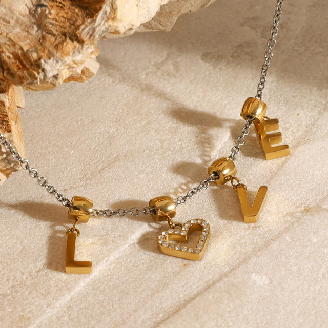 Delicate mix color love letter charm stainless steel necklace bracelet set