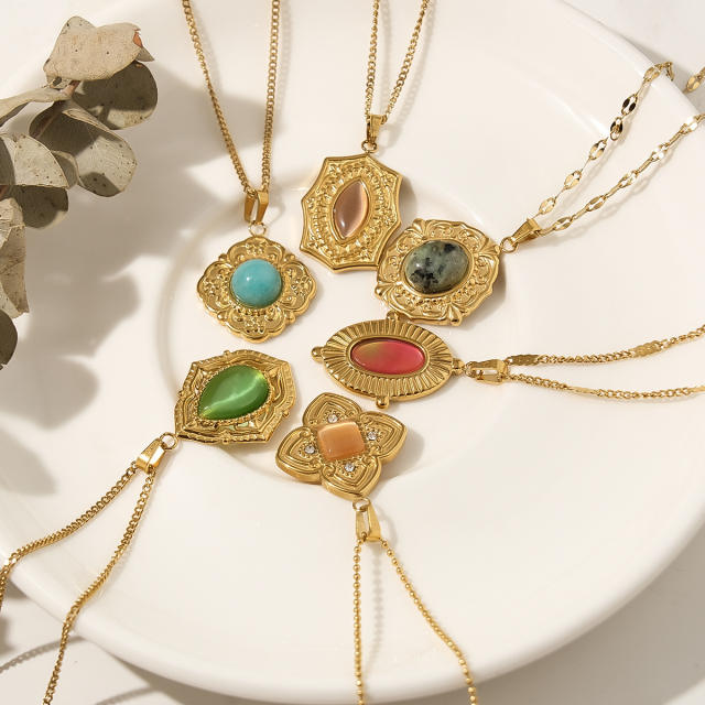 Vintage natural stone pendant dainty stainless steel necklace