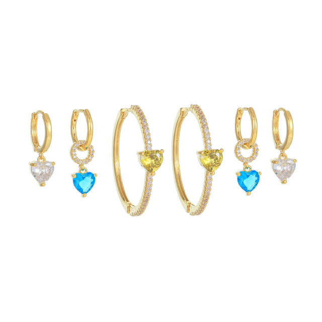 6PCS Delicate cubic zircon heart gold plated copper huggie earrings set hoop set