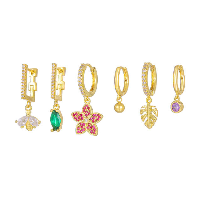 Fashion rainbow cz full diamond gold plated copper huggie earrings set