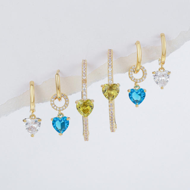 6PCS Delicate cubic zircon heart gold plated copper huggie earrings set hoop set