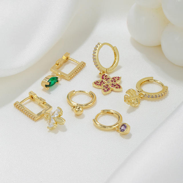 Fashion rainbow cz full diamond gold plated copper huggie earrings set