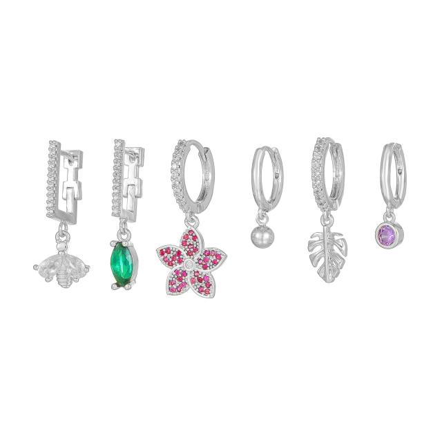 Fashion rainbow cz full diamond gold plated copper huggie earrings set