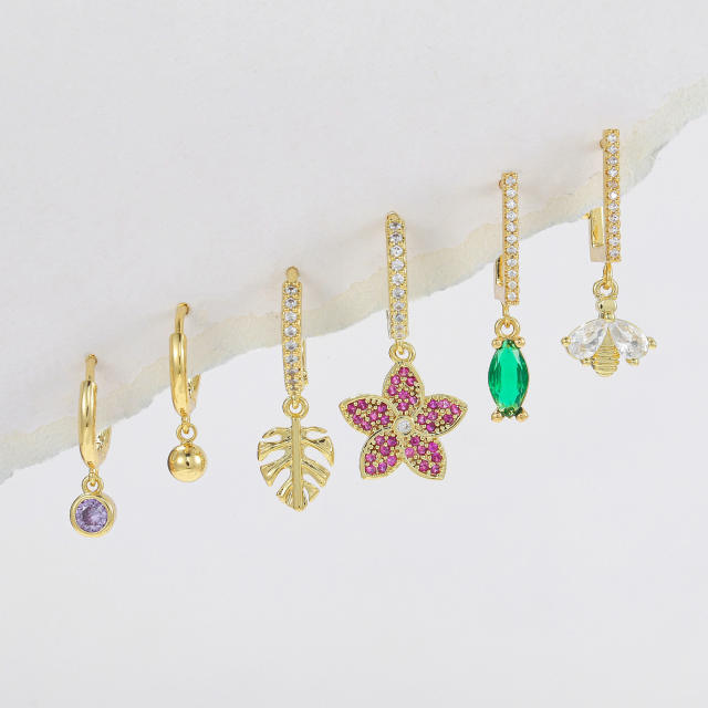 Fashion rainbow cz full diamond gold plated copper huggie earrings set