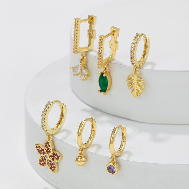 Fashion rainbow cz full diamond gold plated copper huggie earrings set