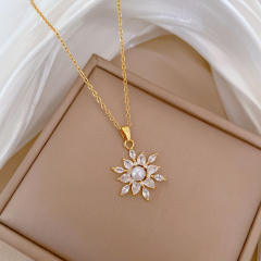 Delicate diamond snowflake pendant stainless steel chain necklace