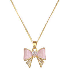 Sweet pink bow pendant stainless steel chain necklace