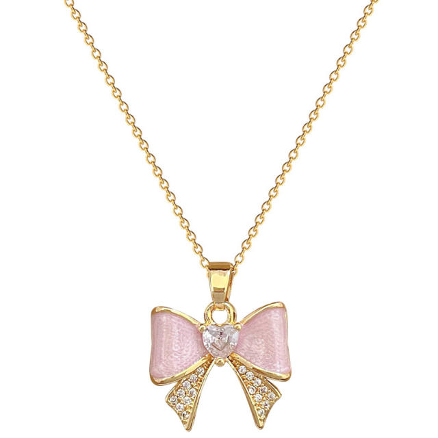 Sweet pink bow pendant stainless steel chain necklace