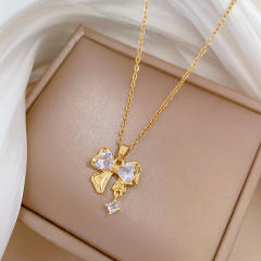 Dainty diamond bow pendant stainless steel chain necklace