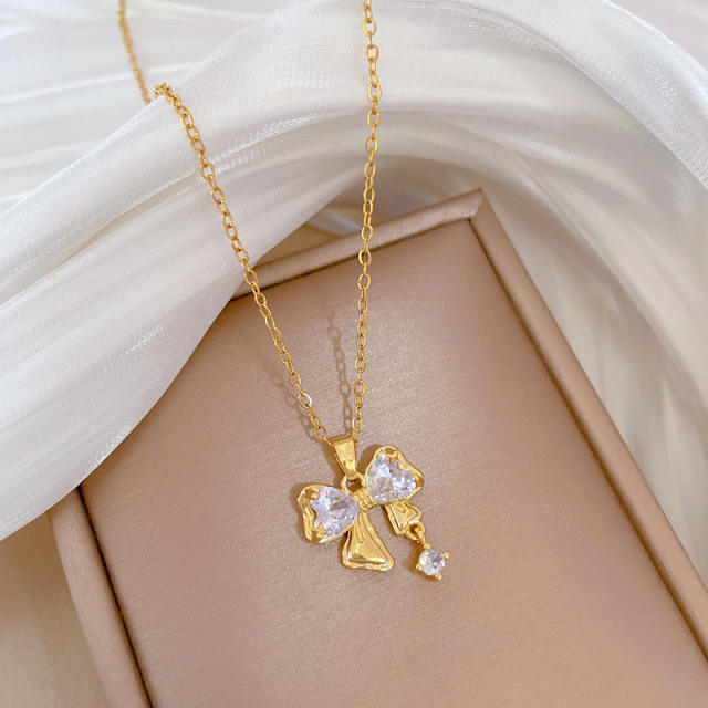 Dainty diamond bow pendant stainless steel chain necklace